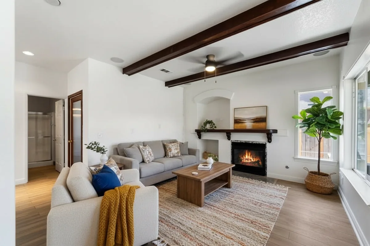 Sunlit, comfortably furnished living room